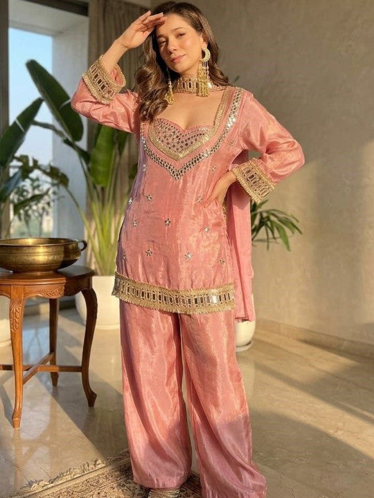 Pink Embroidered Kurta with Palazzos With Dupatta