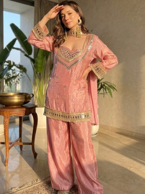 Pink Embroidered Kurta with Palazzos With Dupatta