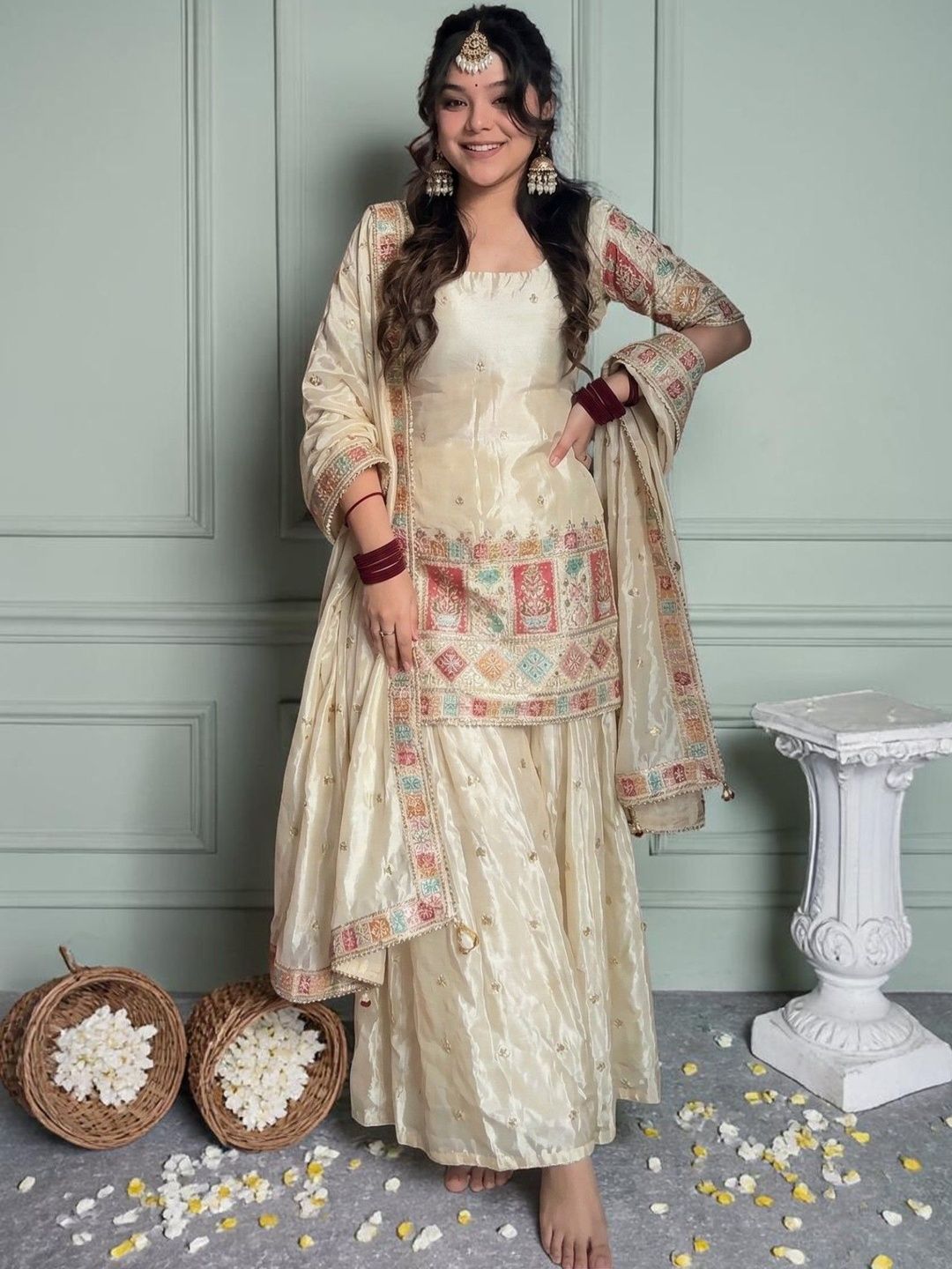 Women Ethnic Motifs Embroidered Panelled Thread Work Kurta with Sharara & With Dupatta