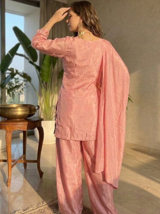 Pink Embroidered Kurta with Palazzos With Dupatta