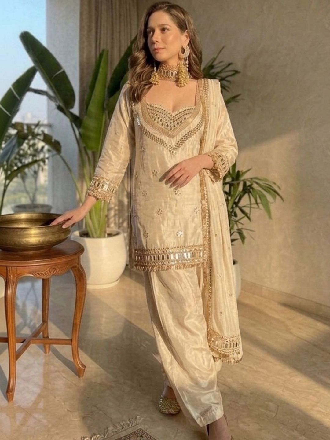 Embroidered Sweetheart Neck Mirror Work Chinon Kurta With Patiala & Dupatta