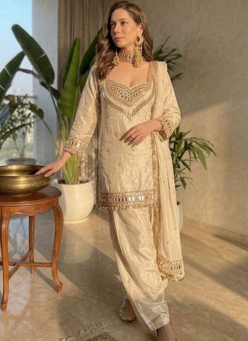 Embroidered Sweetheart Neck Mirror Work Chinon Kurta With Patiala & Dupatta