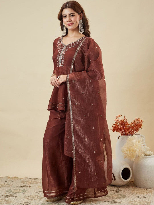 Women Ethnic Motifs Embroidered Empire Thread Work Kurta with Sharara & With Dupatta