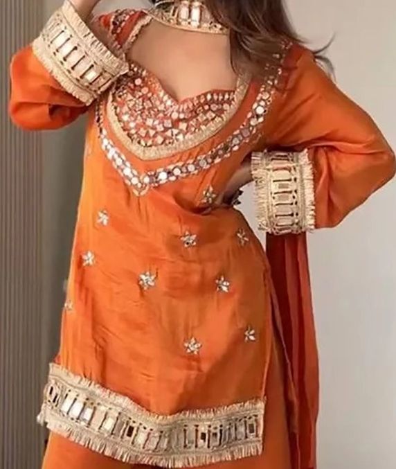 Women Ethnic Motifs Embroidered Regular Mirror Work Pure Silk Kurta with Palazzos & With