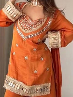 Women Ethnic Motifs Embroidered Regular Mirror Work Pure Silk Kurta with Palazzos & With
