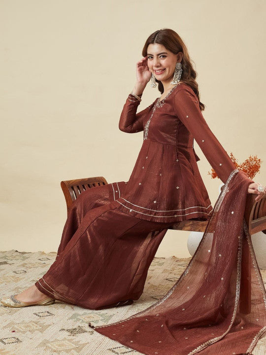 Women Ethnic Motifs Embroidered Empire Thread Work Kurta with Sharara & With Dupatta