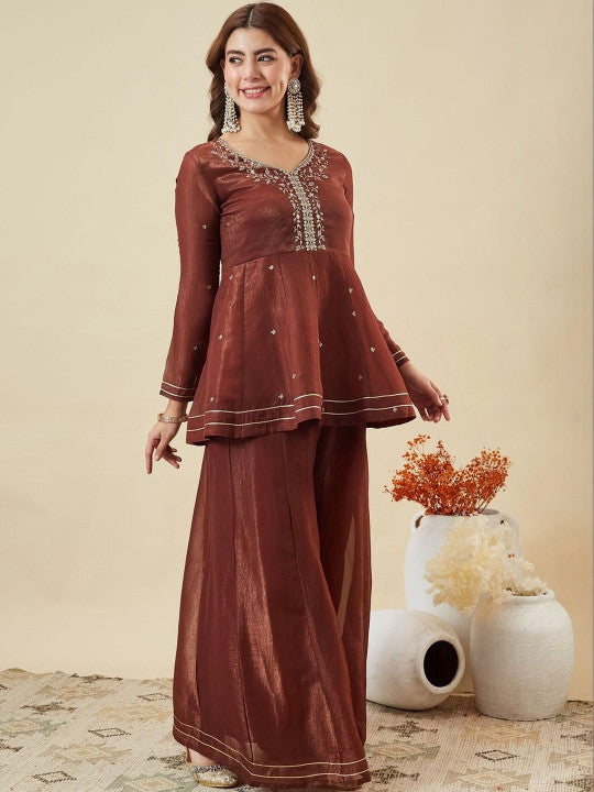 Women Ethnic Motifs Embroidered Empire Thread Work Kurta with Sharara & With Dupatta