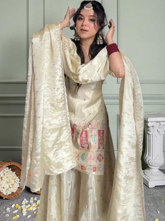 Women Ethnic Motifs Embroidered Panelled Thread Work Kurta with Sharara & With Dupatta