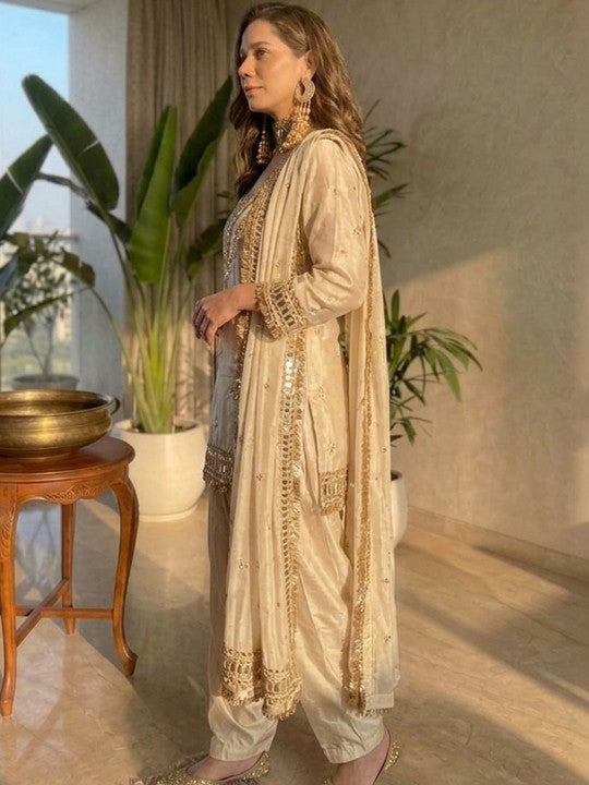 Embroidered Sweetheart Neck Mirror Work Chinon Kurta With Patiala & Dupatta