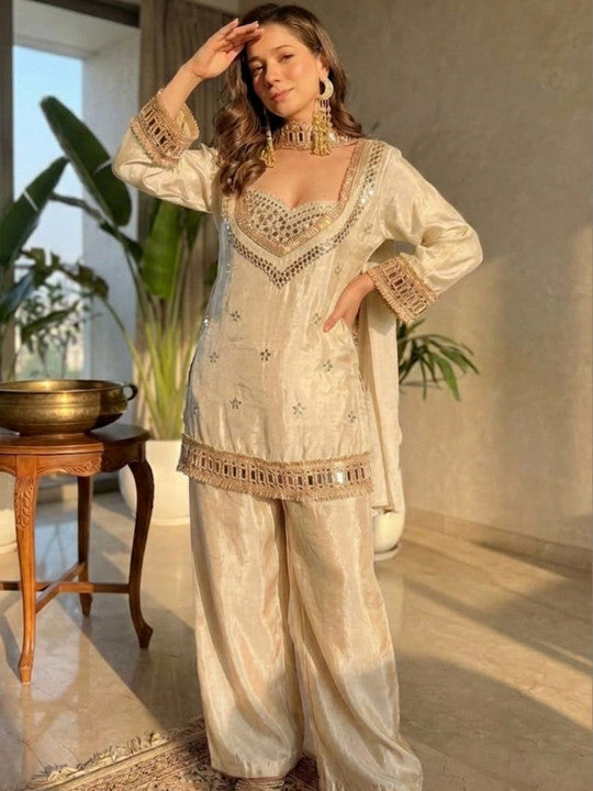 Embroidered Sweetheart Neck Mirror Work Chinon Kurta With Patiala & Dupatta