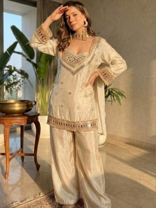 Embroidered Sweetheart Neck Mirror Work Chinon Kurta With Patiala & Dupatta