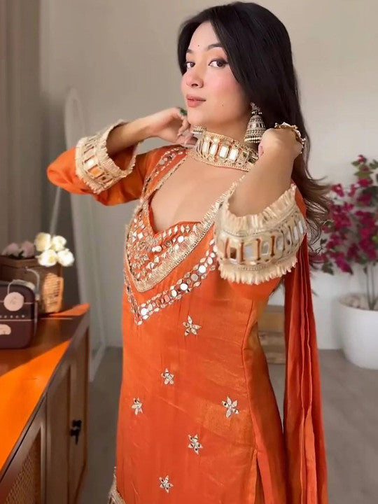 Women Ethnic Motifs Embroidered Regular Mirror Work Pure Silk Kurta with Palazzos & With