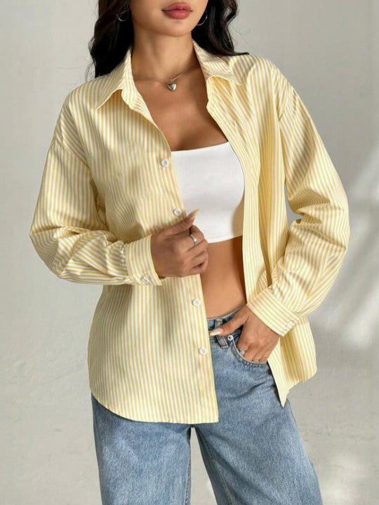 Women Yellow Stripe Oversized Shirts