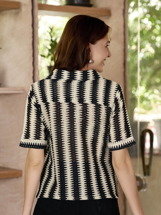 Women Cuban Collar Vertical Striped Cotton Boxy Casual Shirt