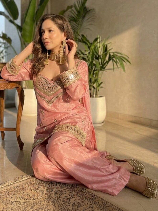 Pink Embroidered Kurta with Palazzos With Dupatta