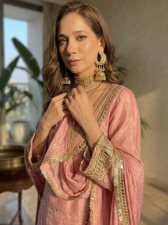 Pink Embroidered Kurta with Palazzos With Dupatta