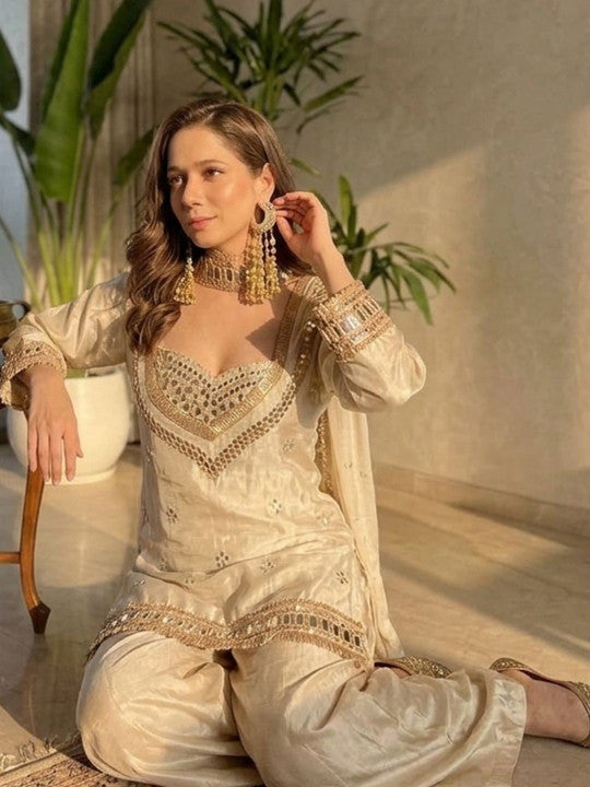 Embroidered Sweetheart Neck Mirror Work Chinon Kurta With Patiala & Dupatta