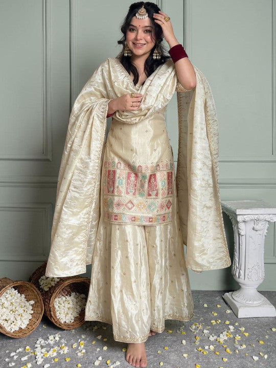 Women Ethnic Motifs Embroidered Panelled Thread Work Kurta with Sharara & With Dupatta