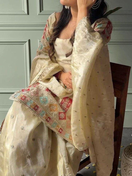 Women Ethnic Motifs Embroidered Panelled Thread Work Kurta with Sharara & With Dupatta
