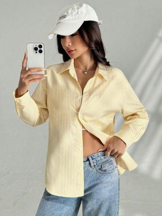 Women Yellow Stripe Oversized Shirts
