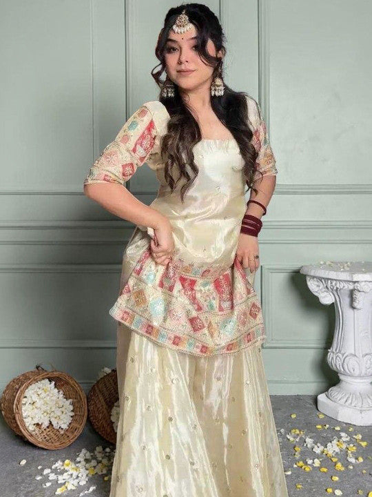 Women Ethnic Motifs Embroidered Panelled Thread Work Kurta with Sharara & With Dupatta