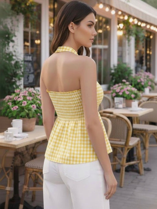 Checked Halter Neck Cotton Peplum Top