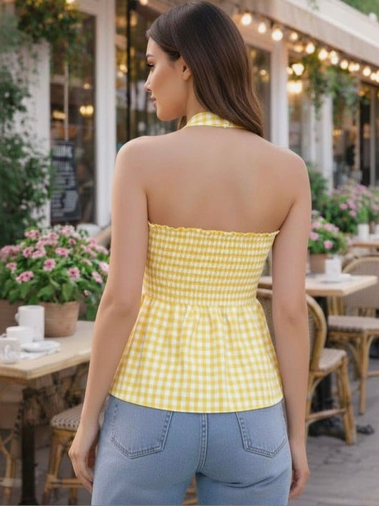 Checked Halter Neck Cotton Peplum Top