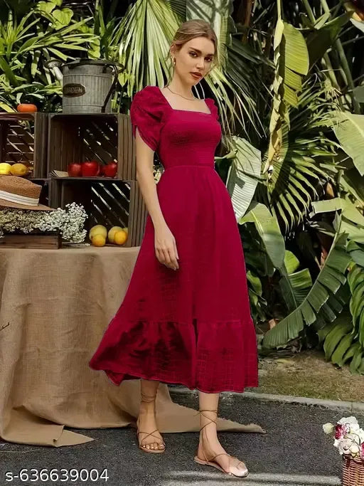 Women's Square Neck Puff Sleeve Fit & Flare Dress With Panel Detailing Vacation Outfits