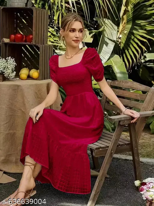 Women's Square Neck Puff Sleeve Fit & Flare Dress With Panel Detailing Vacation Outfits