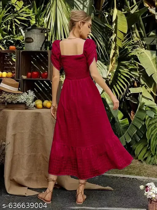 Women's Square Neck Puff Sleeve Fit & Flare Dress With Panel Detailing Vacation Outfits