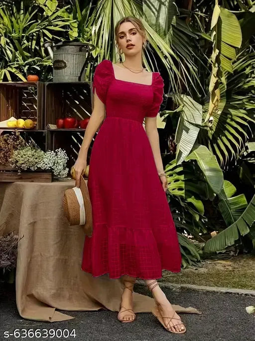 Women's Square Neck Puff Sleeve Fit & Flare Dress With Panel Detailing Vacation Outfits