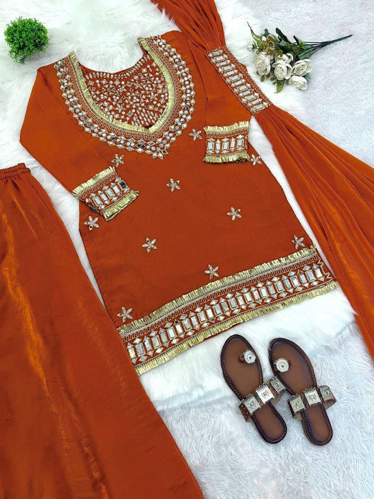 Women Ethnic Motifs Embroidered Regular Mirror Work Pure Silk Kurta with Palazzos & With