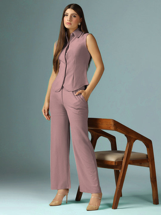 Shirt Collar Neck Top & Trousers Co-Ords