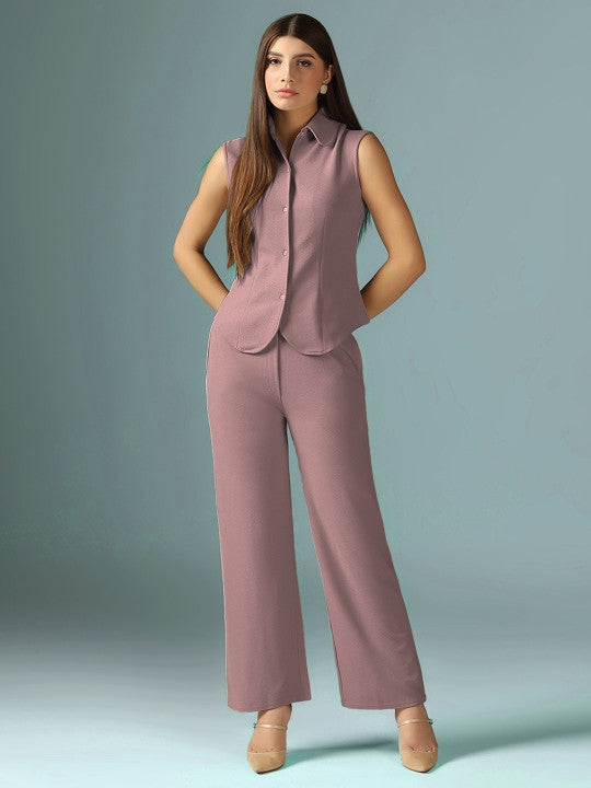 Shirt Collar Neck Top & Trousers Co-Ords
