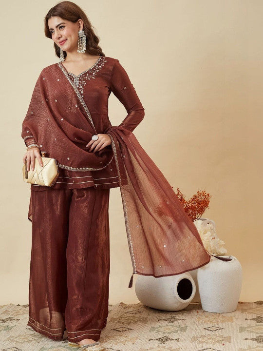 Women Ethnic Motifs Embroidered Empire Thread Work Kurta with Sharara & With Dupatta