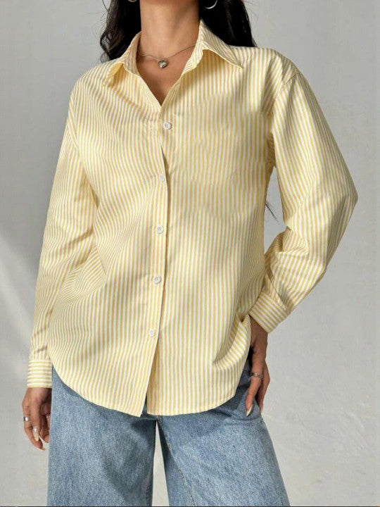 Women Yellow Stripe Oversized Shirts