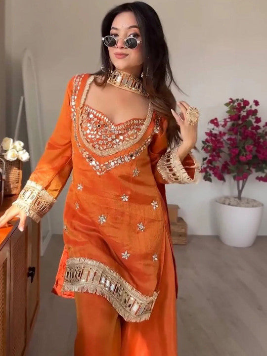 Women Ethnic Motifs Embroidered Regular Mirror Work Pure Silk Kurta with Palazzos & With